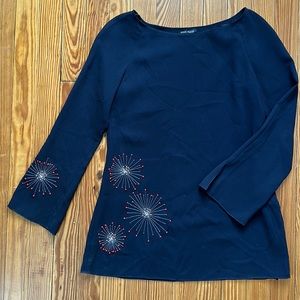 Anne Klein navy tunic, bells sleeves, starburst beading, p/S